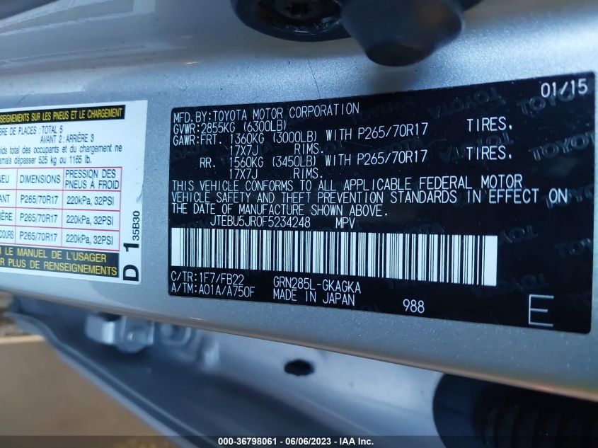 2015 TOYOTA 4RUNNER LIMITED/TRAIL/SR5 - JTEBU5JR0F5234248