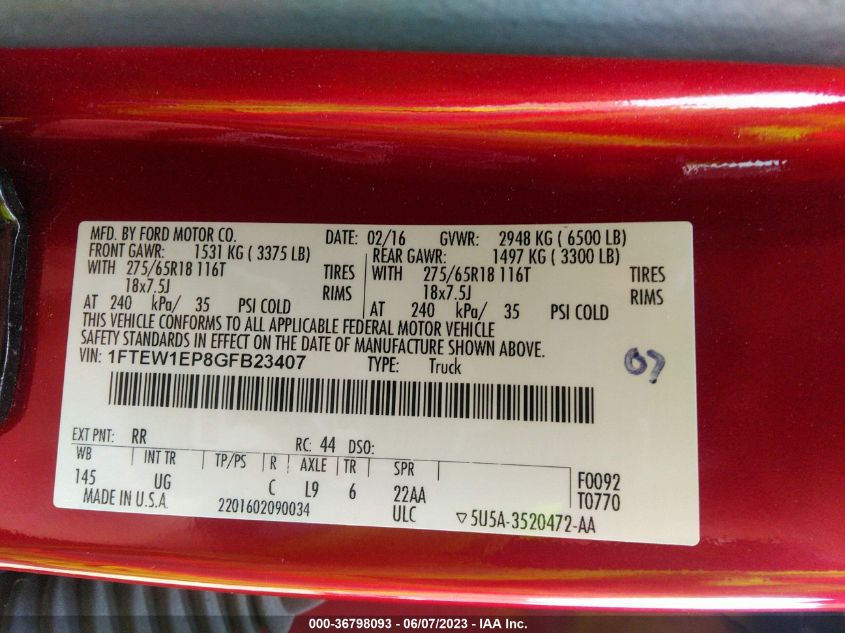 2016 FORD F-150 XLT/XL/LARIAT - 1FTEW1EP8GFB23407