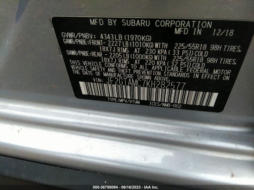 2019 SUBARU CROSSTREK LIMITED - JF2GTAMC7KH282577