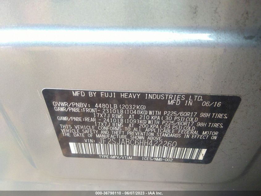 2017 SUBARU FORESTER - JF2SJABC6HH422260