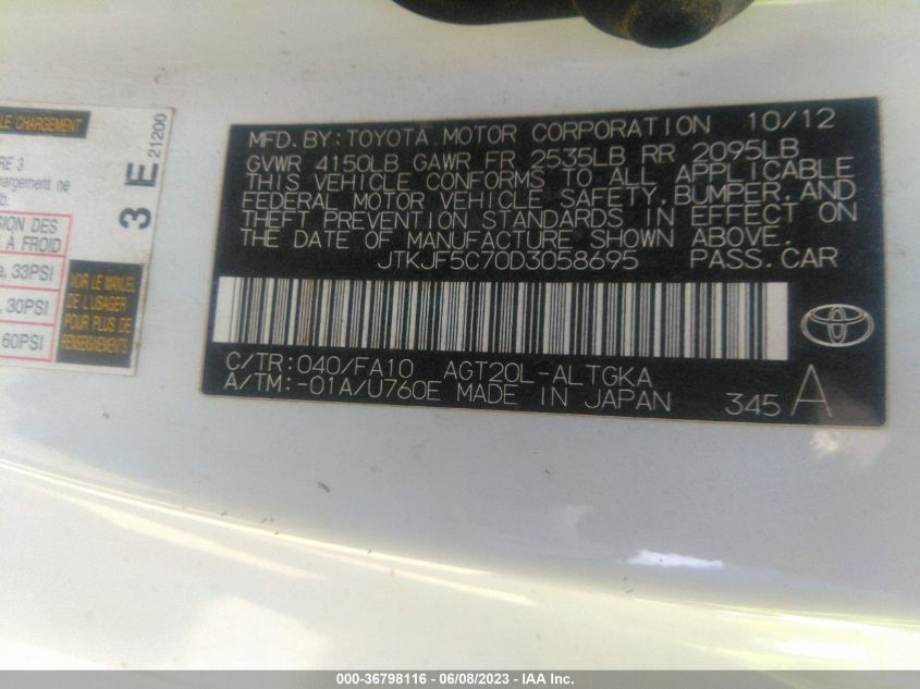 2013 TOYOTA SCION TC JTKJF5C70D3058695