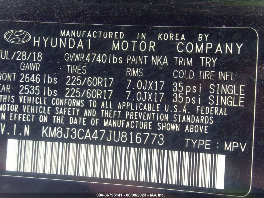 2018 HYUNDAI TUCSON LIMITED/SPORT AND ECO/SE - KM8J3CA47JU816773