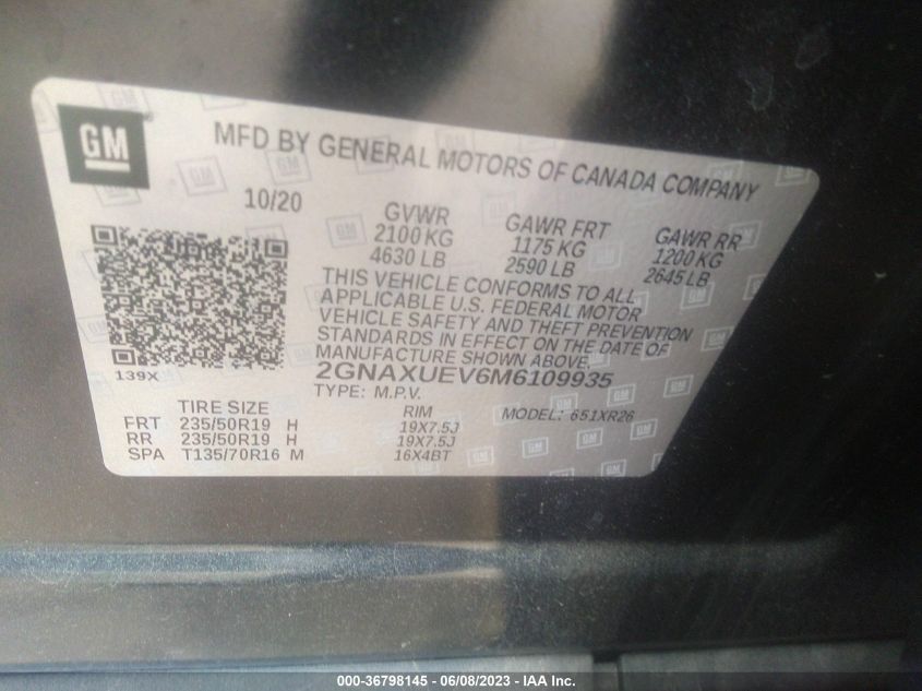 2021 CHEVROLET EQUINOX LT - 2GNAXUEV6M6109935