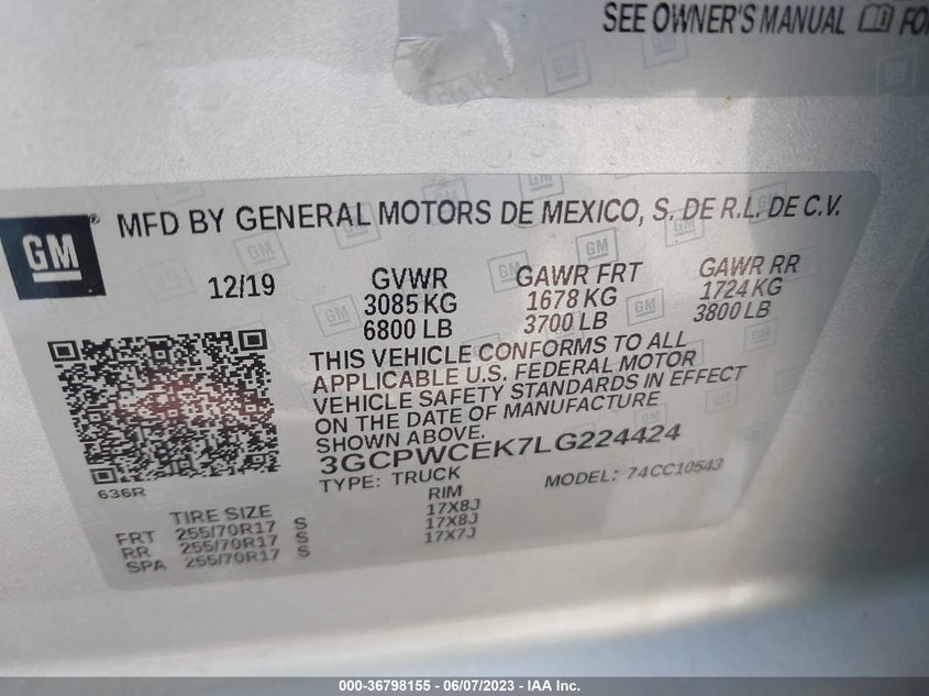 VIN 3GCPWCEK7LG224424 2020 CHEVROLET SILVERADO 1500 LT
