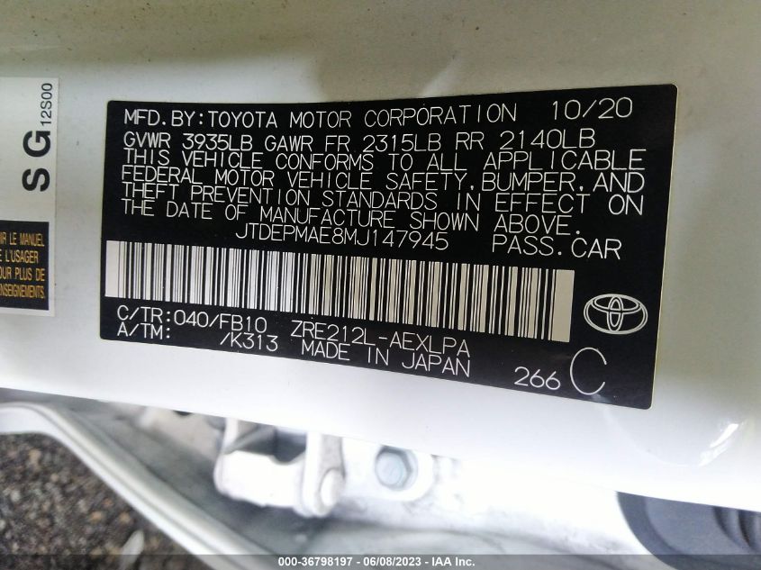 2021 TOYOTA COROLLA LE - JTDEPMAE8MJ147945