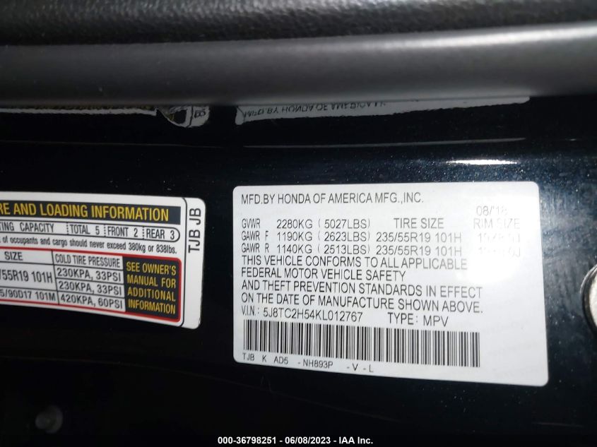 2019 ACURA RDX W/TECHNOLOGY PKG - 5J8TC2H54KL012767