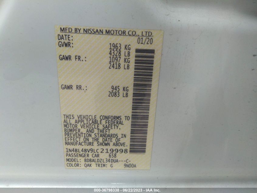 2020 NISSAN ALTIMA S - 1N4BL4BV9LC219998