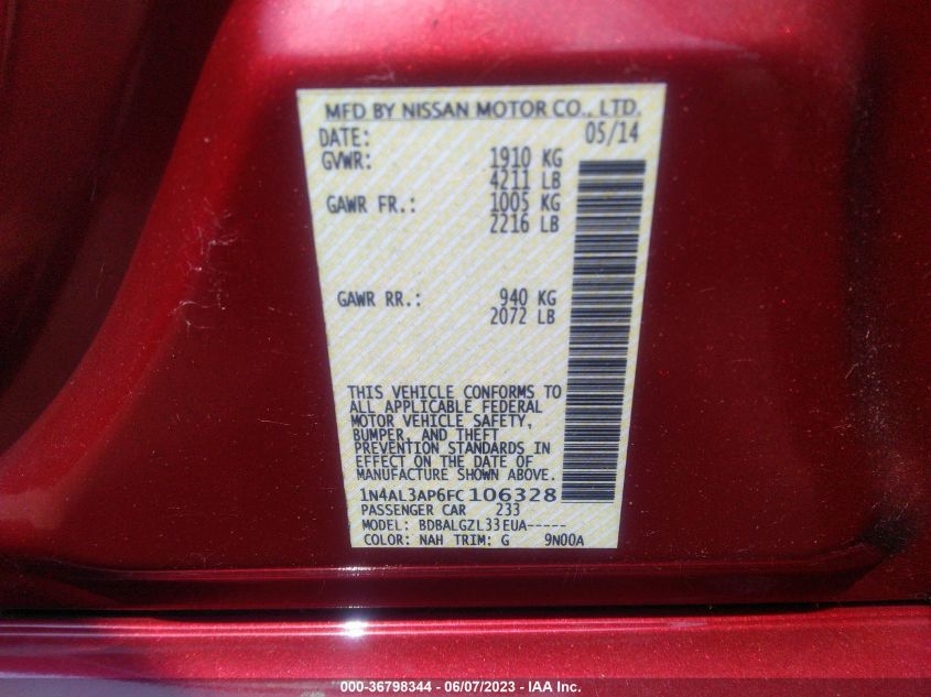 2015 NISSAN ALTIMA 2.5/S/SV/SL - 1N4AL3AP6FC106328