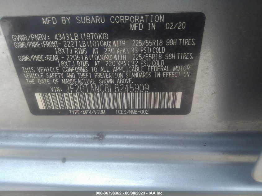 2020 SUBARU CROSSTREK LIMITED - JF2GTANC8L8245909