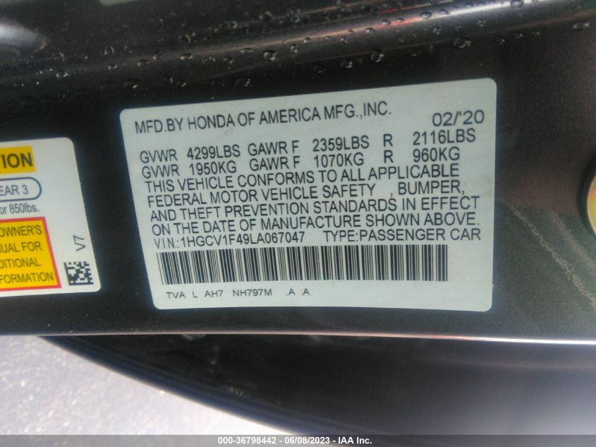 2020 HONDA ACCORD SEDAN EX - 1HGCV1F49LA067047