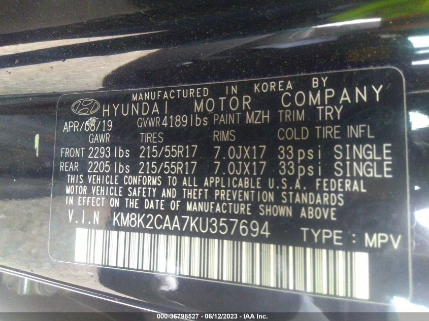 2019 HYUNDAI KONA SEL - KM8K2CAA7KU357694