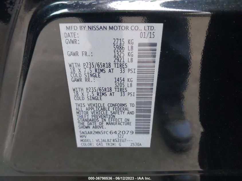 2015 NISSAN PATHFINDER S - 5N1AR2MN5FC642079