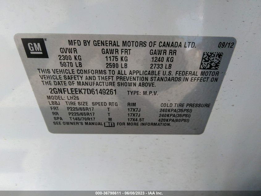 2013 CHEVROLET EQUINOX LT - 2GNFLEEK7D6149261