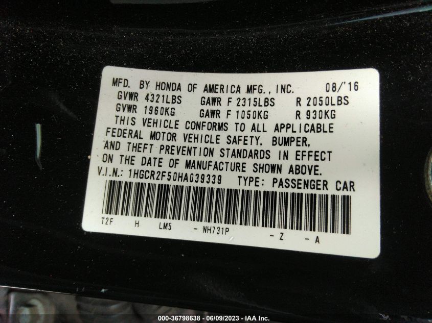 2017 HONDA ACCORD SEDAN SPORT - 1HGCR2F50HA039339