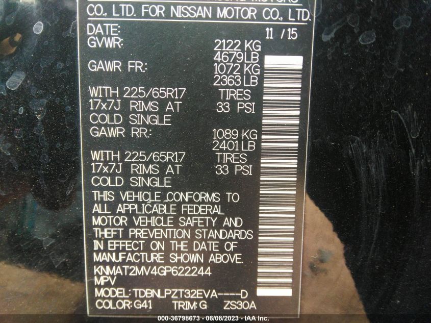 2016 NISSAN ROGUE S/SL/SV - KNMAT2MV4GP622244