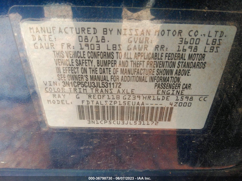 VIN 3N1CP5CU3JL531172 2018 NISSAN KICKS SV