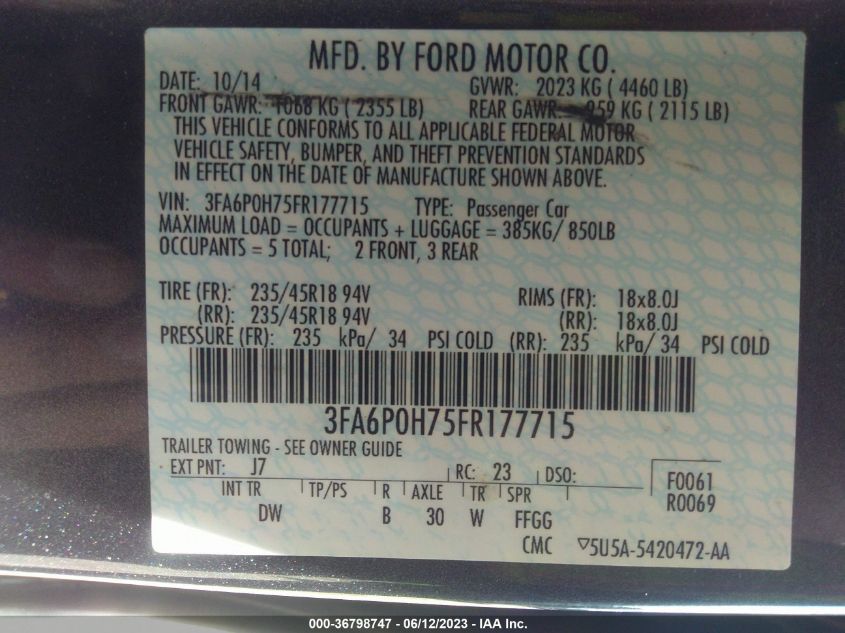 2015 FORD FUSION SE - 3FA6P0H75FR177715