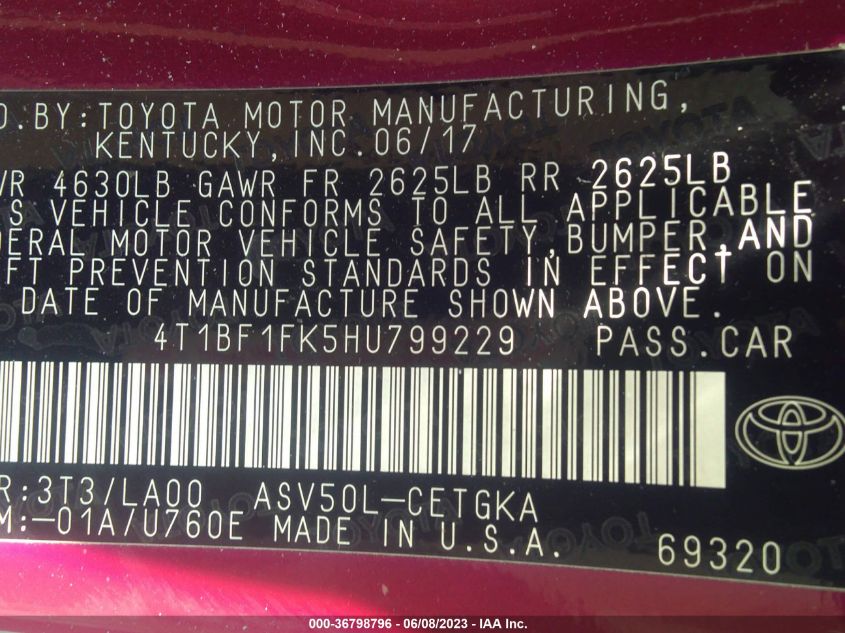 2017 TOYOTA CAMRY LE/XLE/SE/XSE - 4T1BF1FK5HU799229