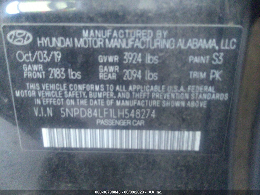 VIN 5NPD84LF1LH548274 2020 HYUNDAI ELANTRA SEL/VALUE/LIMITED