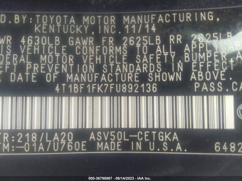 2015 TOYOTA CAMRY XLE/SE/LE/XSE - 4T1BF1FK7FU892136
