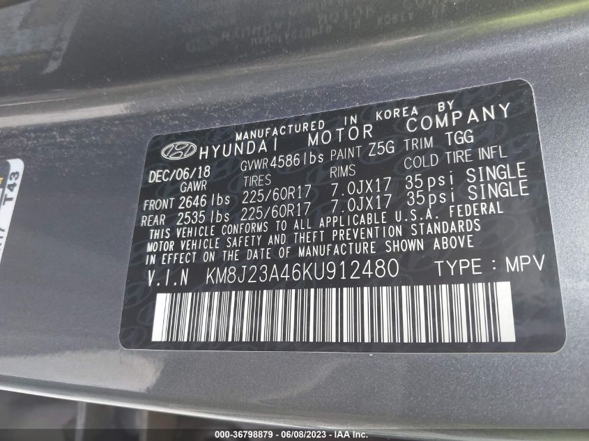 2019 HYUNDAI TUCSON SE - KM8J23A46KU912480