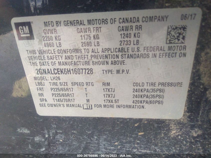 2017 CHEVROLET EQUINOX LT - 2GNALCEK6H1607728