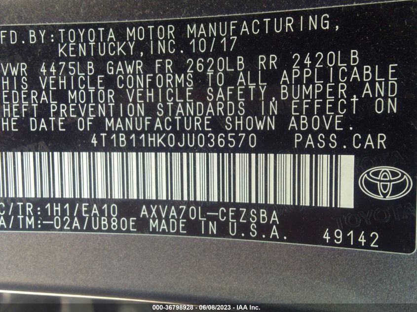 2018 TOYOTA CAMRY L/LE/XLE/SE/XSE - 4T1B11HK0JU036570