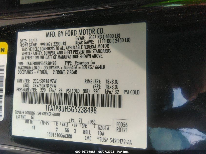 2016 FORD MUSTANG ECOBOOST PREMIUM - 1FATP8UH5G5238498