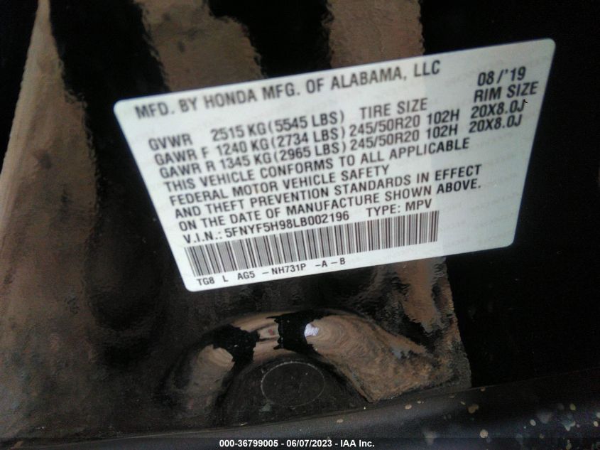 2020 HONDA PILOT TOURING 8-PASSENGER - 5FNYF5H98LB002196