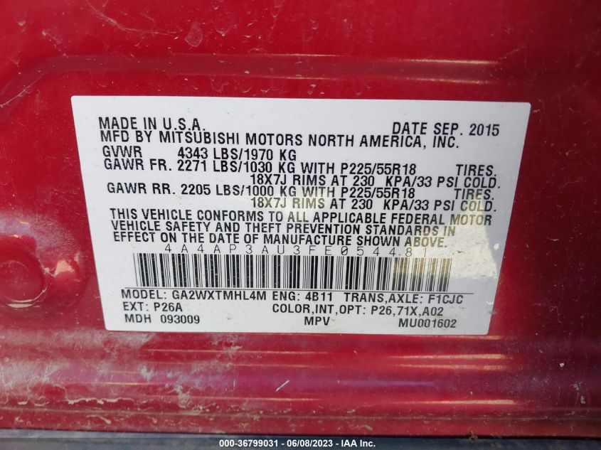 2015 MITSUBISHI OUTLANDER SPORT ES - 4A4AP3AU3FE054481