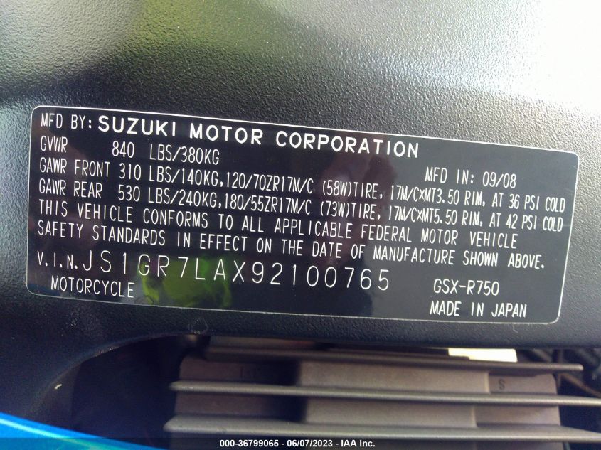 2009 SUZUKI GSX-R750 - JS1GR7LAX92100765