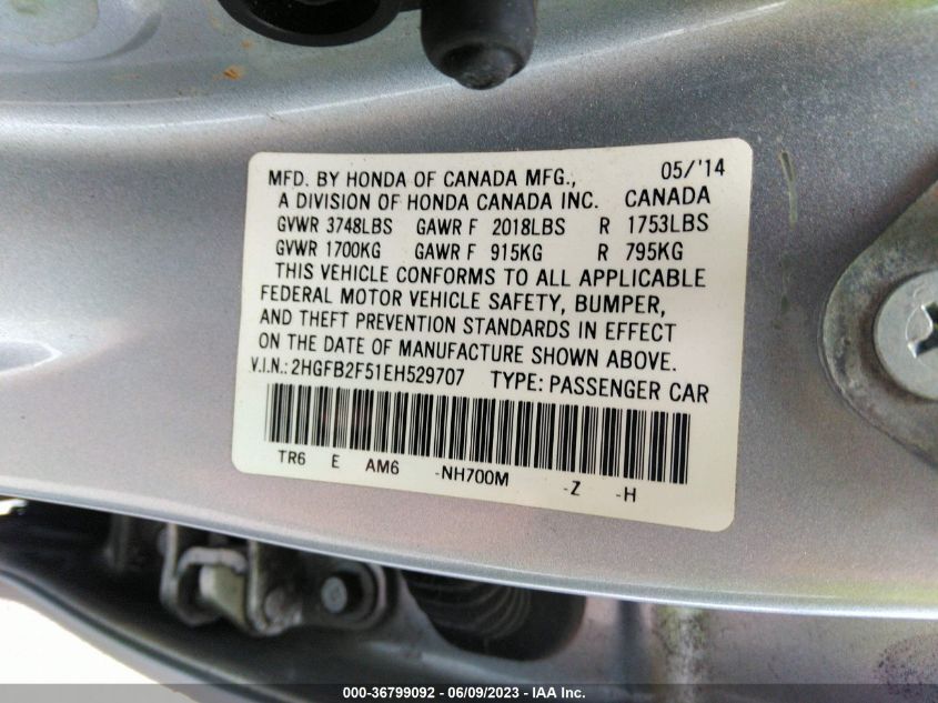 2014 HONDA CIVIC SEDAN LX - 2HGFB2F51EH529707