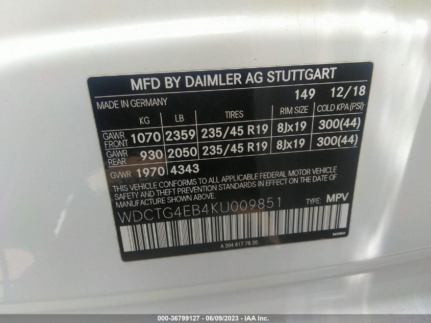 2019 MERCEDES-BENZ GLA GLA 250 - WDCTG4EB4KU009851
