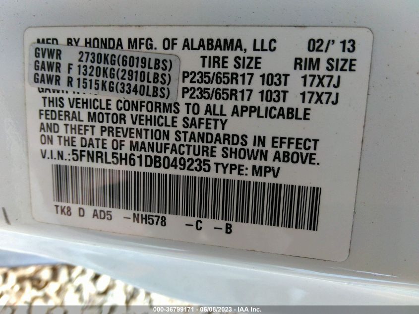 2013 HONDA ODYSSEY EX-L - 5FNRL5H61DB049235