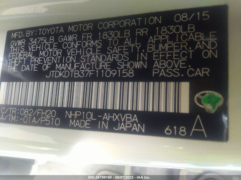 2015 TOYOTA PRIUS C ONE/TWO/THREE/FOUR - JTDKDTB37F1109158
