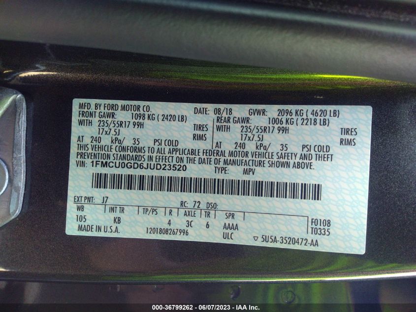 2018 FORD ESCAPE SE - 1FMCU0GD6JUD23520