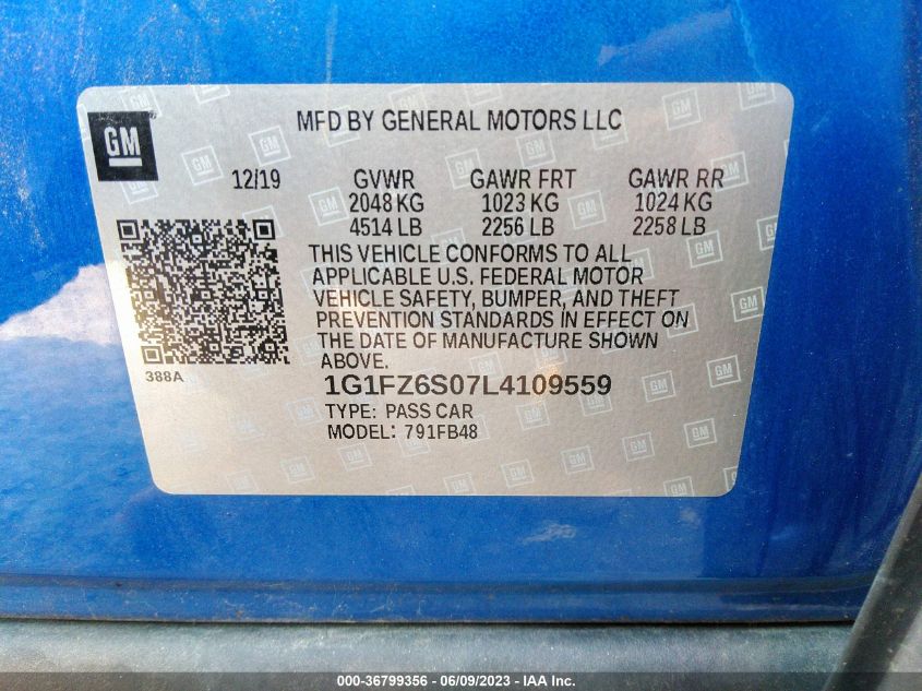 2020 CHEVROLET BOLT EV PREMIER 1G1FZ6S07L4109559