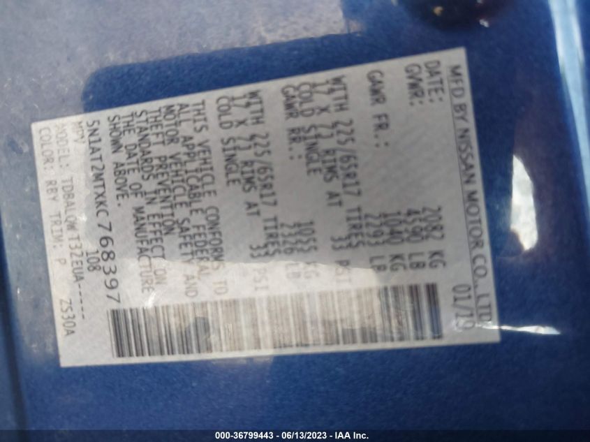 2019 NISSAN ROGUE SV - 5N1AT2MTXKC768397