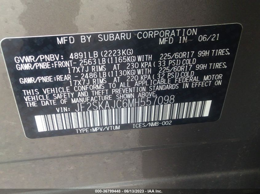 2021 SUBARU FORESTER PREMIUM - JF2SKAJC6MH557098