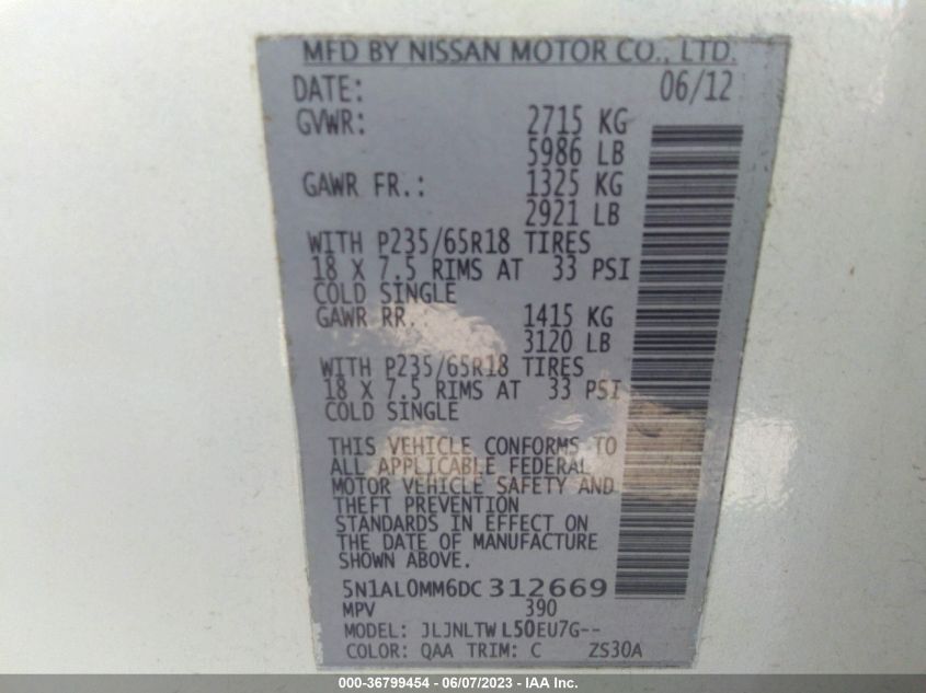 2013 INFINITI JX - 5N1AL0MM6DC312669