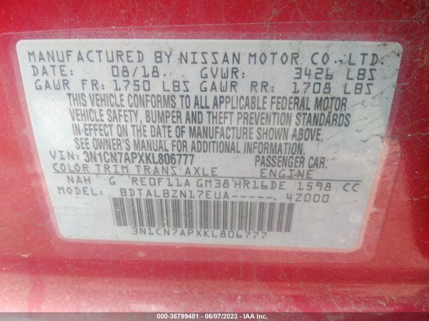 2019 NISSAN VERSA SEDAN SV - 3N1CN7APXKL806777