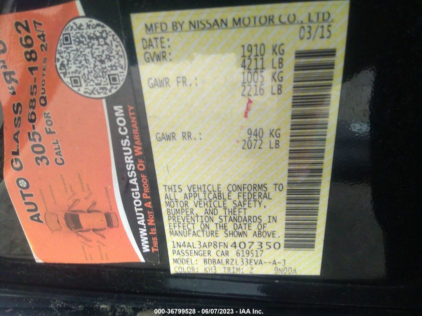 2015 NISSAN ALTIMA 2.5/S/SV/SL - 1N4AL3AP8FN407350