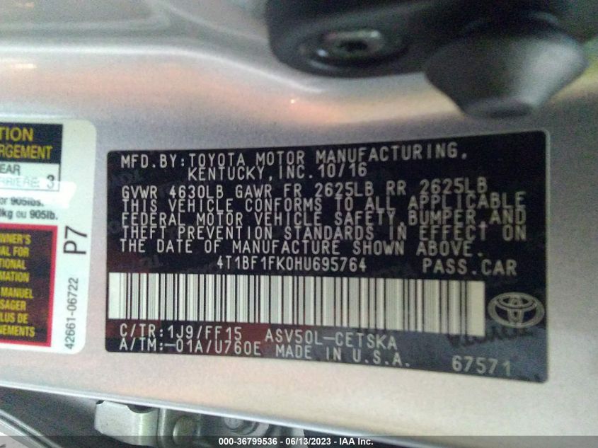 2017 TOYOTA CAMRY XLE/SE/LE/XSE - 4T1BF1FK0HU695764