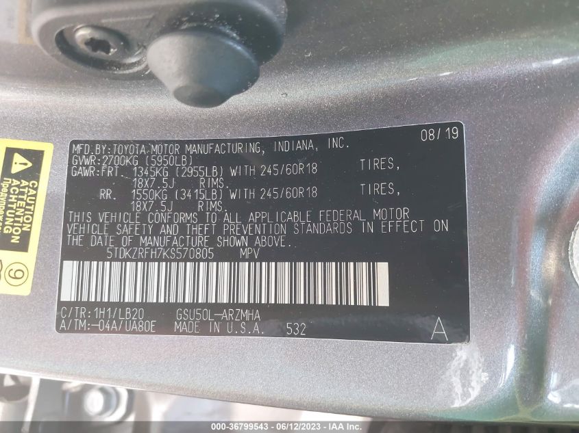 2019 TOYOTA HIGHLANDER XLE - 5TDKZRFH7KS570805