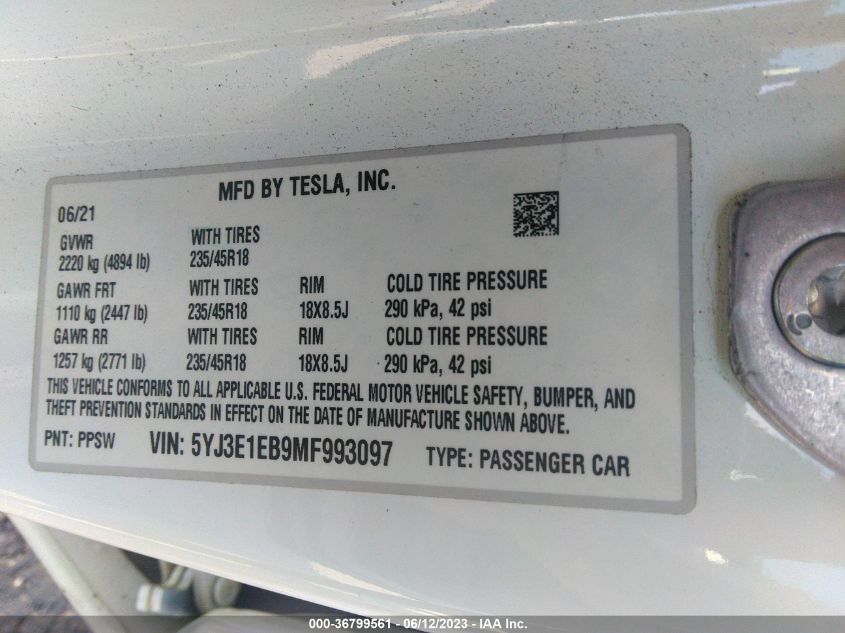 2021 TESLA MODEL 3 LONG RANGE - 5YJ3E1EB9MF993097