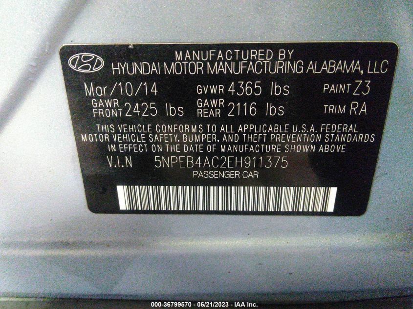 2014 HYUNDAI SONATA GLS - 5NPEB4AC2EH911375