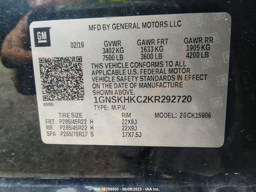 2019 CHEVROLET SUBURBAN LT - 1GNSKHKC2KR292720