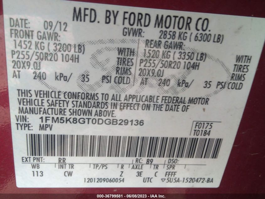 2013 FORD EXPLORER SPORT - 1FM5K8GT0DGB29136