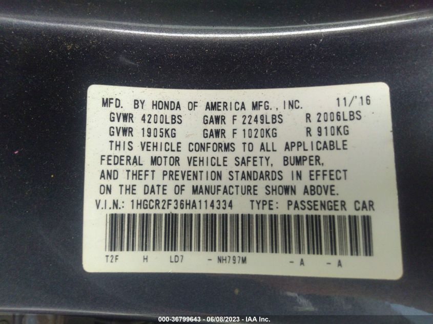 2017 HONDA ACCORD SEDAN LX - 1HGCR2F36HA114334