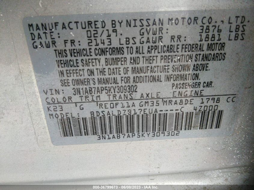 2019 NISSAN SENTRA SV - 3N1AB7AP5KY309302
